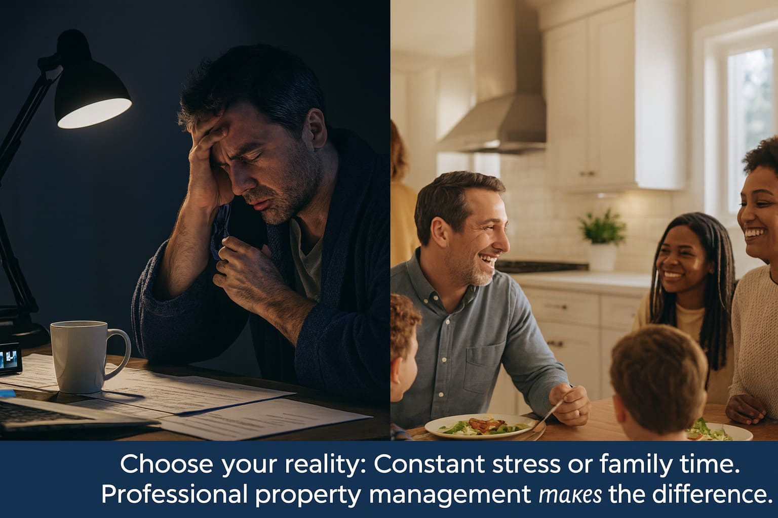 Exhausted landlord at night versus happy family at dinner